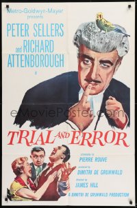9y903 TRIAL & ERROR 1sh 1963 wacky art of Peter Sellers wearing wig with a bird on his head!