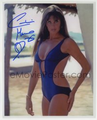 1b797 CAROLINE MUNRO signed color 8x10 REPRO still 1990s sexy portrait in skimpy blue bathing suit!