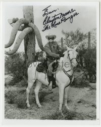 1b810 CLAYTON MOORE signed 8x10 REPRO still 1990s great portrait as the Lone Ranger riding Silver!
