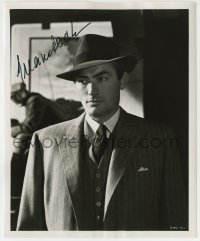 1b862 GREGORY PECK signed 8.25x10 REPRO still 1980s great close up wearing pinstripe suit & fedora!