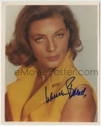 1b897 LAUREN BACALL signed color 8x10 REPRO still 1980s great c/u in yellow sleeveless outfit!