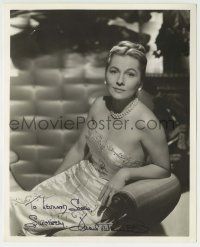 1b478 JOAN FONTAINE signed deluxe 8x10 still 1940s in pretty strapless dress & pearls by Bert Six!