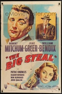 1b073 BIG STEAL signed 1sh 1949 by Robert Mitchum, cool art with Jane Greer & William Bendix!