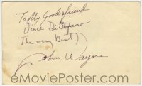 1b669 JOHN WAYNE signed 3x5 index card 1960s to his good friend Vince Di Stefano, the very best!