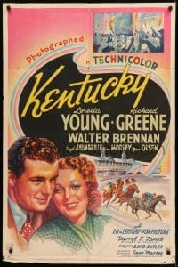 1b082 KENTUCKY signed 1sh 1938 by Karen Morley, art of pretty Loretta Young & Richard Greene!
