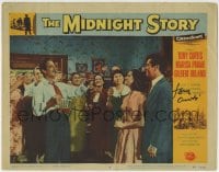 1b150 MIDNIGHT STORY signed LC #6 1957 by Tony Curtis, who's being toasted by a happy crowd!