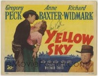 1b184 YELLOW SKY signed TC 1948 by Anne Baxter, who's about to kiss cowboy Gregory Peck, Widmark!