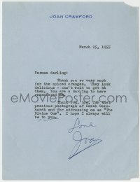 1b267 JOAN CRAWFORD signed letter 1955 thanking Norman for addressing her as The Divine One!