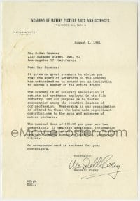 1b287 WENDELL COREY signed letter 1961 President of the Academy of Motion Picture Arts & Sciences!