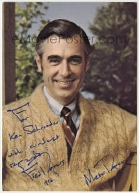 1b632 FRED ROGERS signed 5x7 promo card 1986 great smiling portrait of Mr. Rogers in sweater!