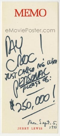 1b289 JERRY LEWIS 3x7 memo card 1977 he wrote that Ray Croc pledged $250,000 to the telephone!