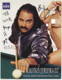 1b633 RON JEREMY signed 9x11 promo card 1900s the adult film star playing pool by naked woman!