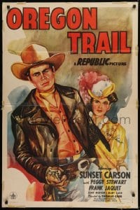 1b086 OREGON TRAIL signed 1sh 1945 by Peggy Stewart, great art of her with cowboy Sunset Carson!