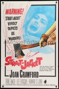 1b090 STRAIT-JACKET signed 1sh 1964 by Robert Bloch, art of crazy ax murderer Joan Crawford!