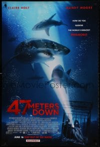 1c048 47 METERS DOWN advance DS 1sh 2017 image of two trapped below hungry Great White sharks!