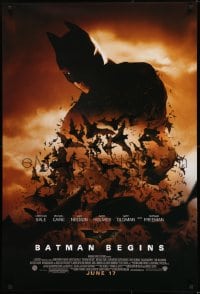1c103 BATMAN BEGINS advance 1sh 2005 June 17, image of Christian Bale's head and cowl over bats!