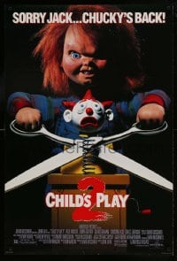 1c182 CHILD'S PLAY 2 DS 1sh 1990 great image of Chucky cutting jack-in-the-box with scissors!