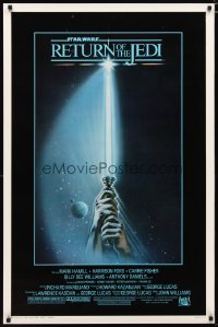 1c006 RETURN OF THE JEDI 1sh 1983 George Lucas, art of hands holding lightsaber by Tim Reamer!