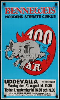 1d047 BENNEWEIS 15x25 Danish circus poster 1987 art of elephant jumping through sign!