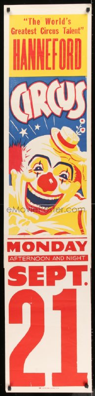 1d057 HANNEFORD CIRCUS 14x42 circus poster 1960s greatest circus talent, art of laughing clown!