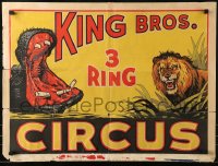 1d058 KING BROS. 3 RING CIRCUS 21x28 circus poster 1950s wonderful artwork of hippo and lion!