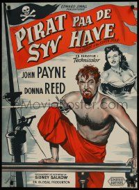 1f532 RAIDERS OF THE SEVEN SEAS Danish 1954 Wenzel art of barechested pirate John Payne, Donna Reed