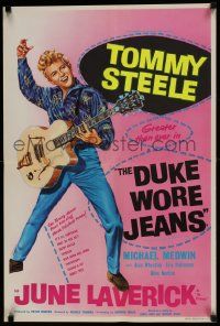 1f023 DUKE WORE JEANS English double crown 1958 full-length art of Tommy Steel playing guitar!