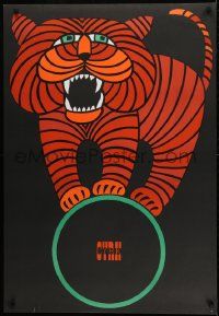 1f674 CYRK Polish 27x39 1966 wonderful artwork of balancing tiger by Hubert Hilscher!