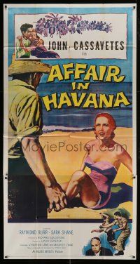 1g634 AFFAIR IN HAVANA 3sh 1957 Cassavetes in Cuba, art of man approaching scared woman on beach!