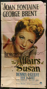 1g635 AFFAIRS OF SUSAN style A 3sh 1945 super close up art of sexy Joan Fontaine winking!