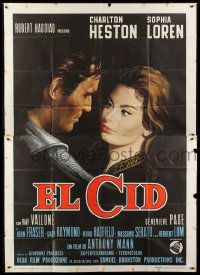 1g064 EL CID Italian 2p 1961 cool art of Charlton Heston & sexy Sophia Loren over black background!