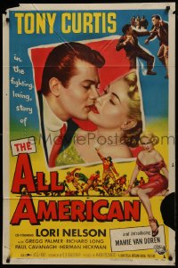 1j057 ALL AMERICAN 1sh 1953 Tony Curtis kissing sexy Mamie Van Doren in her first movie, football!