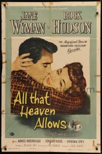 1j058 ALL THAT HEAVEN ALLOWS 1sh 1955 close up romantic art of Rock Hudson kissing Jane Wyman!