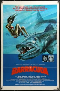1j094 BARRACUDA 1sh 1978 great colorful artwork of huge killer fish attacking sexy diver in bikini!