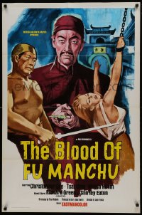 1j138 BLOOD OF FU MANCHU int'l 1sh 1969 art of Asian villain Christopher Lee & girl tortured!