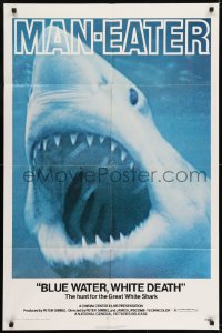 1j143 BLUE WATER, WHITE DEATH 1sh 1971 cool super close image of great white shark with open mouth!