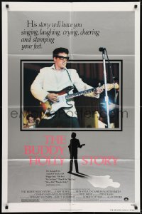 1j163 BUDDY HOLLY STORY 1sh 1978 great image of Gary Busey performing on stage with guitar!