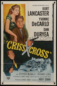 1j235 CRISS CROSS 1sh R1958 cool crime film noir artwork of Burt Lancaster & sexy Yvonne De Carlo!