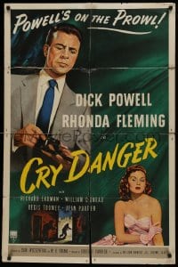 1j238 CRY DANGER 1sh 1951 great film noir art of Dick Powell & Rhonda Fleming!