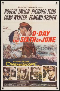 1j256 D-DAY THE SIXTH OF JUNE 1sh 1956 art of Robert Taylor & sexy Dana Wynter in WWII!
