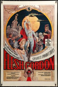 1j341 FLESH GORDON 1sh 1974 sexy sci-fi spoof, wacky erotic super hero art by George Barr!