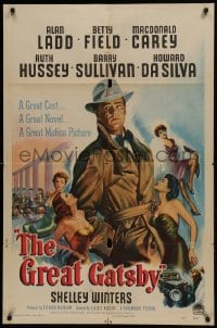 1j401 GREAT GATSBY 1sh 1949 misleading art of Alan Ladd in trench coat surrounded by sexy women!
