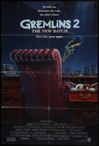 1j408 GREMLINS 2 advance 1sh 1990 great Winters artwork of Gremlin in executive chair!