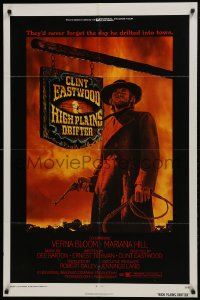 1j435 HIGH PLAINS DRIFTER 1sh 1973 classic Ron Lesser art of Clint Eastwood holding gun & whip!