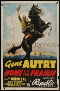 1j441 HOME ON THE PRAIRIE 1sh 1939 art of smiling western cowboy Gene Autry on rearing horse!