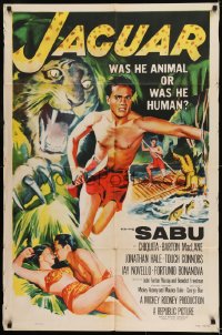 1j474 JAGUAR 1sh 1955 Barton MacLane lays with sexy Chiquita, art of Sabu in jungle!