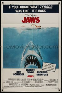 1j480 JAWS 1sh R1979 art of Steven Spielberg's classic man-eating shark attacking nude swimmer!