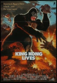 1j502 KING KONG LIVES 1sh 1986 great artwork of huge unhappy ape attacked by army!
