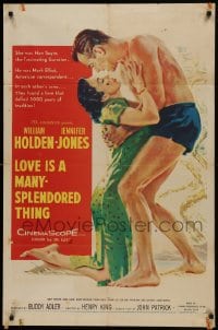 1j544 LOVE IS A MANY-SPLENDORED THING 1sh 1955 art of William Holden & Jennifer Jones!