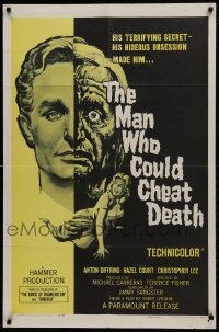 1j569 MAN WHO COULD CHEAT DEATH 1sh 1959 Hammer horror, cool half-alive & half-dead headshot art!